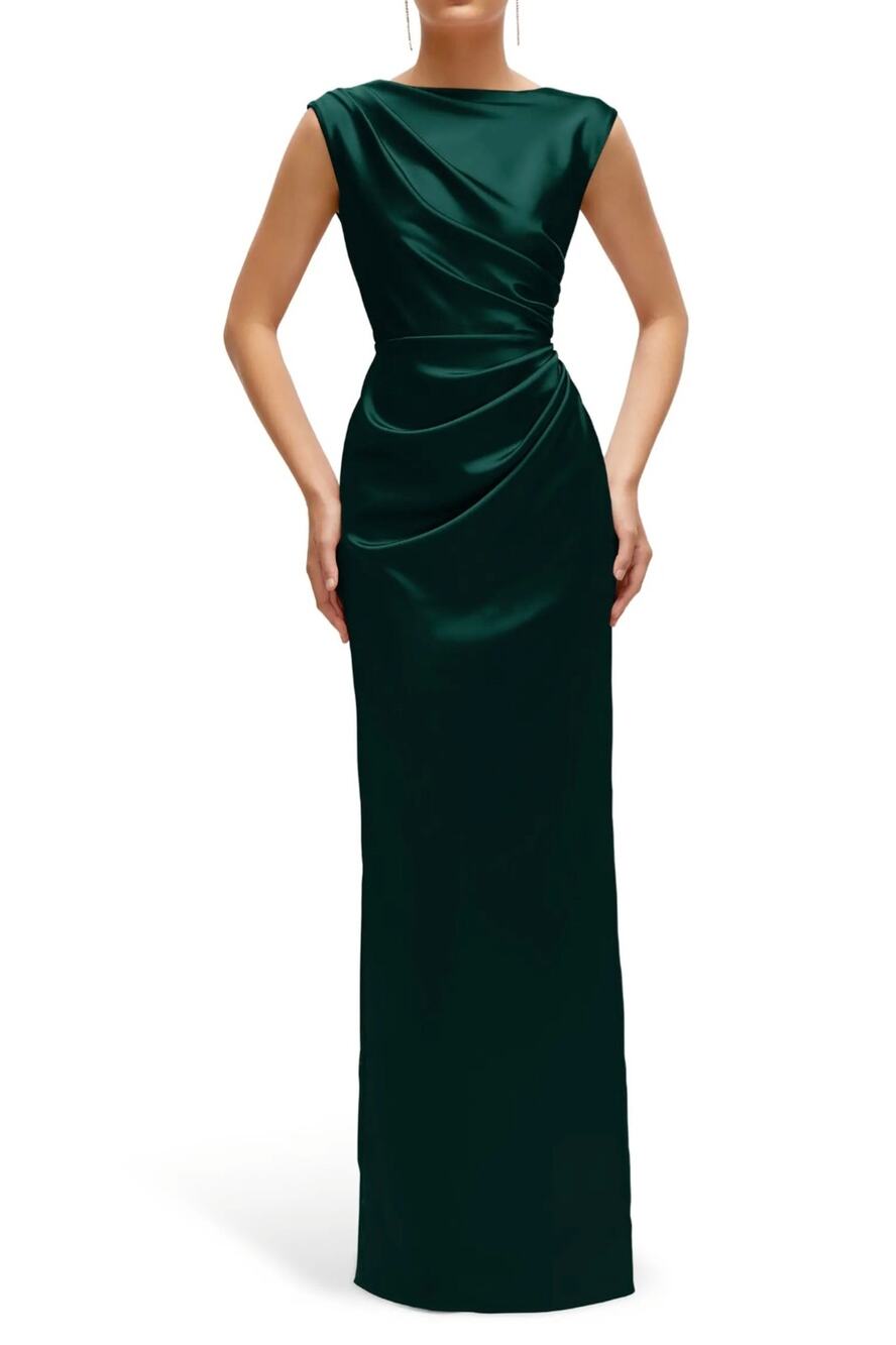 NWT After Six Pleated Cap Sleeve Charmeuse Gown Evergreen Large